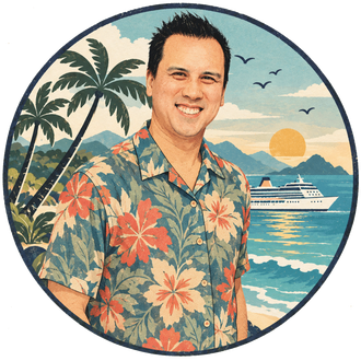 Sail and Story with David Illustration of David smiling, wearing a Hawaiian shirt, in front of a tropical background